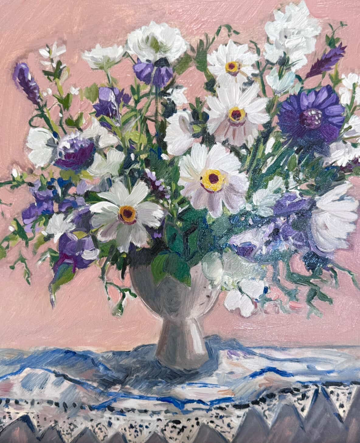 Cosmos with lace tablecloth