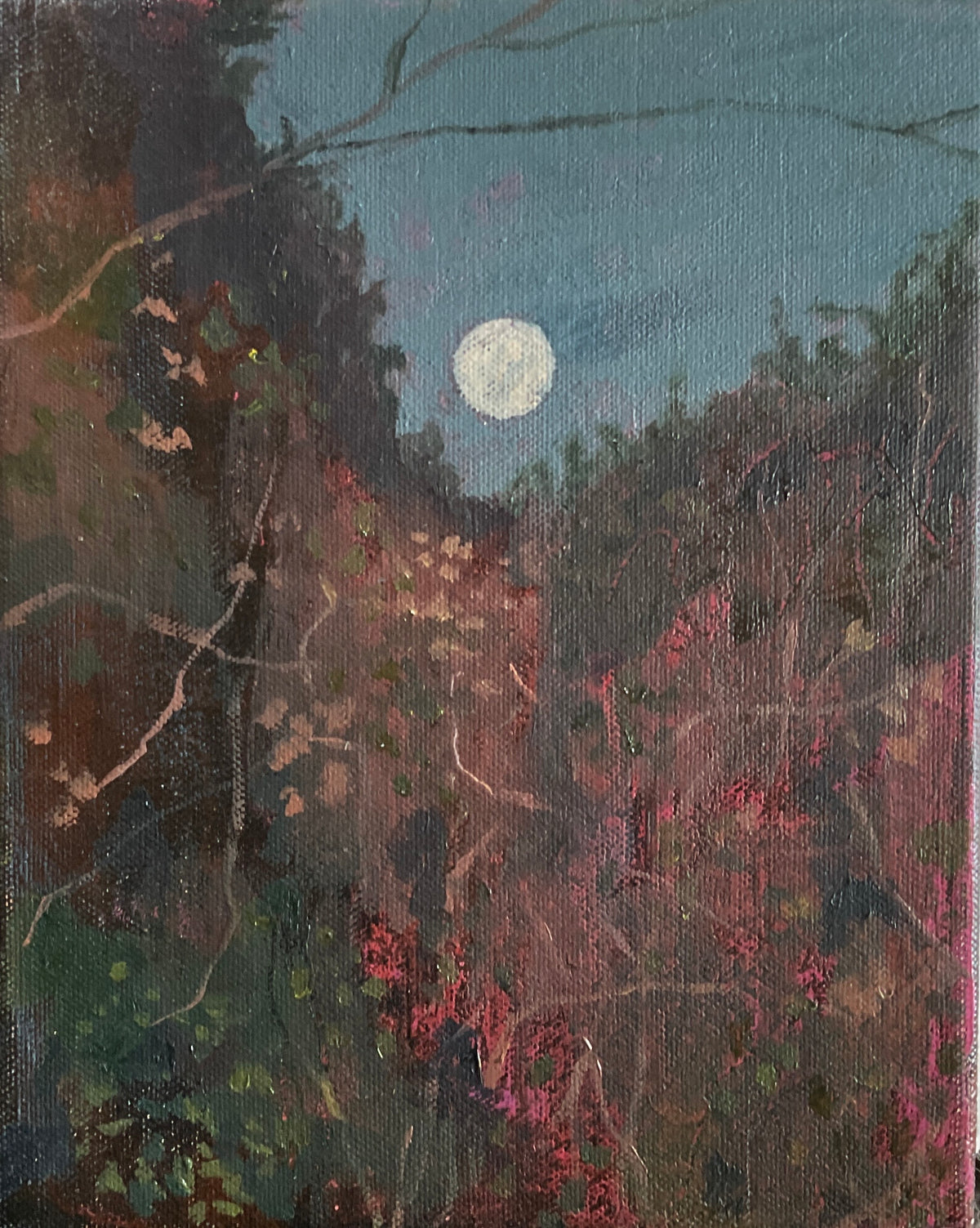 Painting of a moonlit forest scene with trees and flowers.