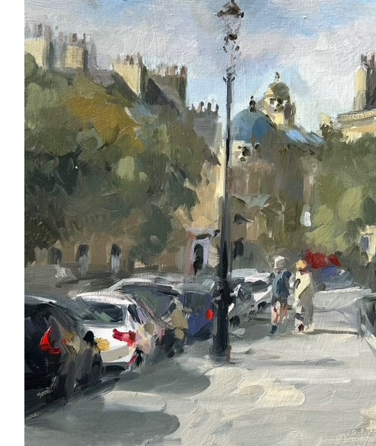 Impressionist-style painting of a Parisian street scene with parked cars, a lamppost, trees, and buildings under a pale sky.