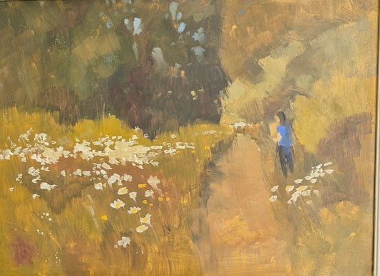 Impressionistic oil painting of a person in a blue shirt walking along a path through a field of white flowers, rendered in warm yellow, brown, and green tones.