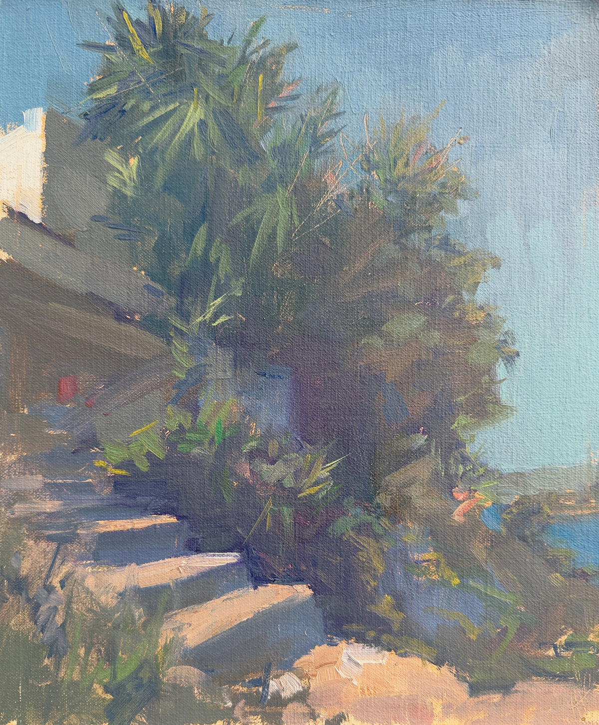 Painting of a palm tree and steps with a blue sky background