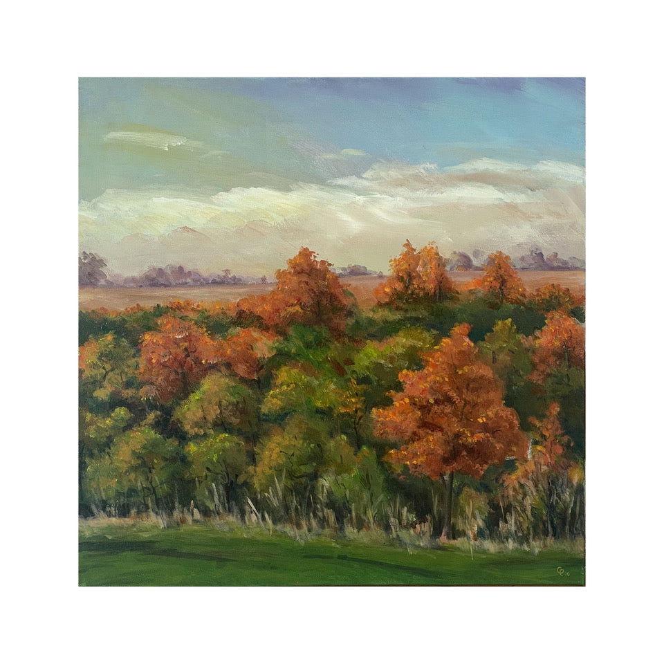 painting of trees in landscape turning into autumn colours with brown and green