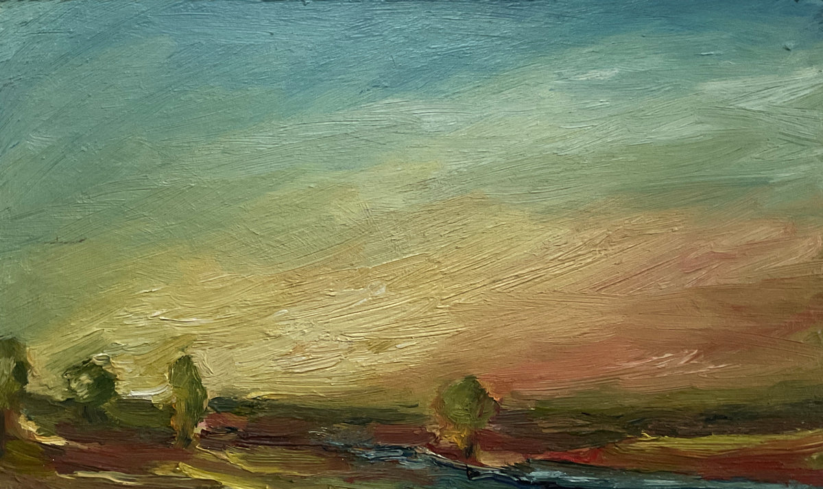 Painting of a landscape with trees and a river under a blue sky.