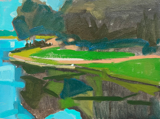 An impressionistic landscape painting featuring vibrant green fields, dark textured trees, and bright blue water reflections, captured in a textured canvas style.