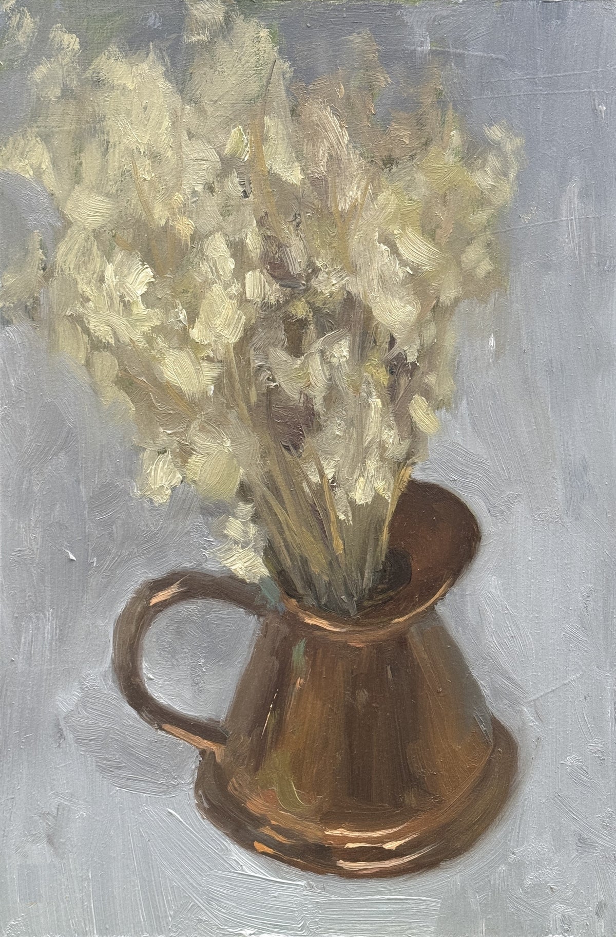 An impressionistic painting of dried cream-colored flowers arranged in a metallic copper pitcher against a textured gray background.