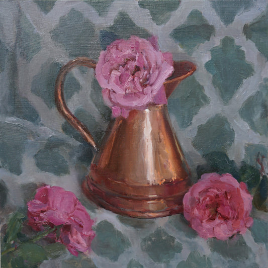 Still life with roses and copper jug