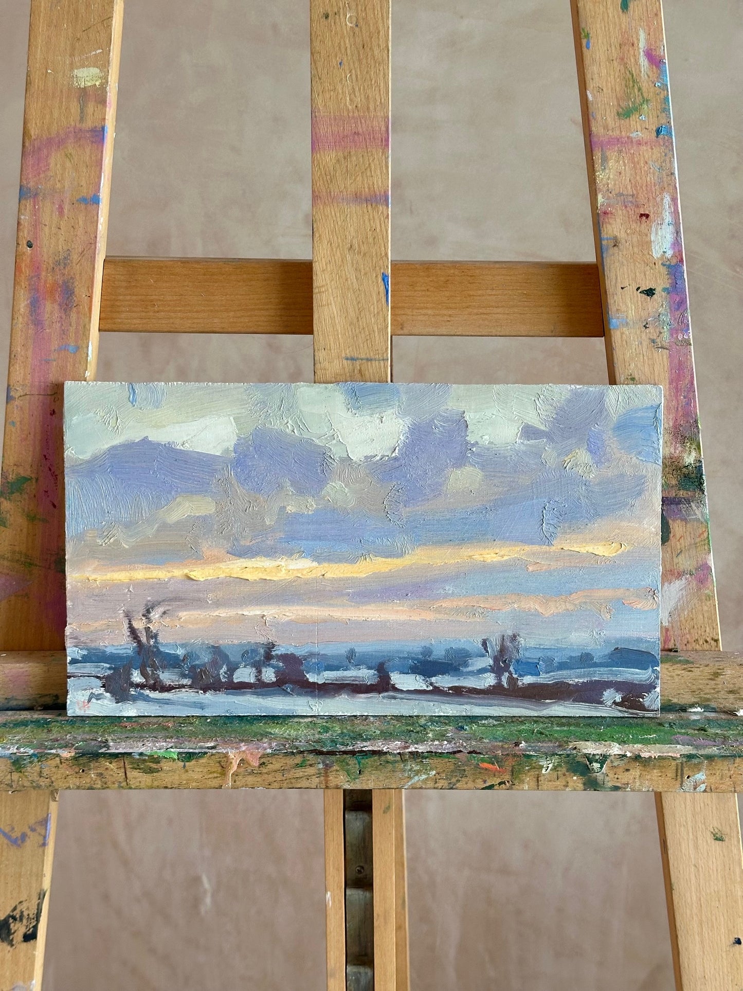 Pale yellow skies and snow