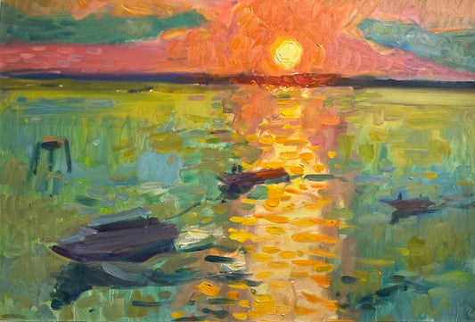 Large impressionistic painting of sunrise with large central orange sun and boats floating in the sea in front 