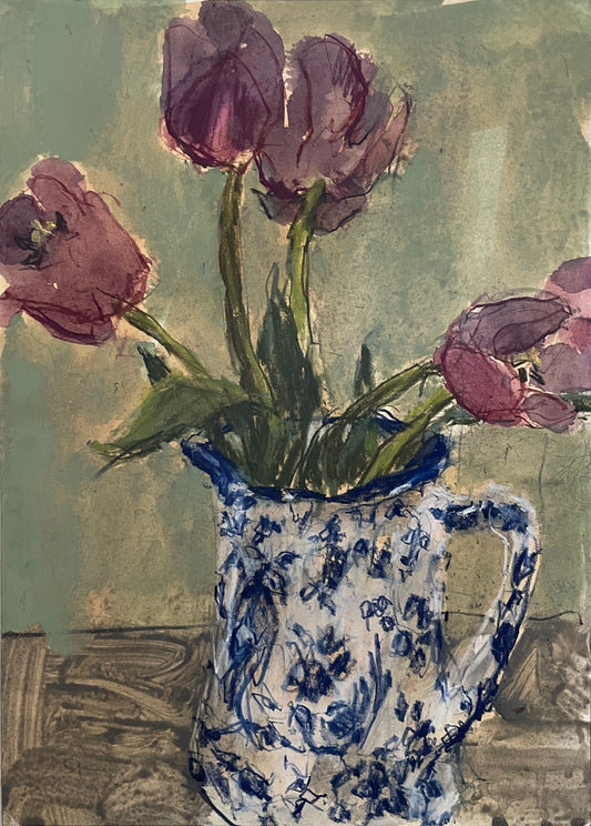 Tulips in patterned jug