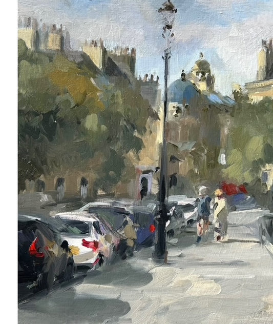 Impressionist-style painting of a Parisian street scene with parked cars, a lamppost, trees, and buildings under a pale sky.